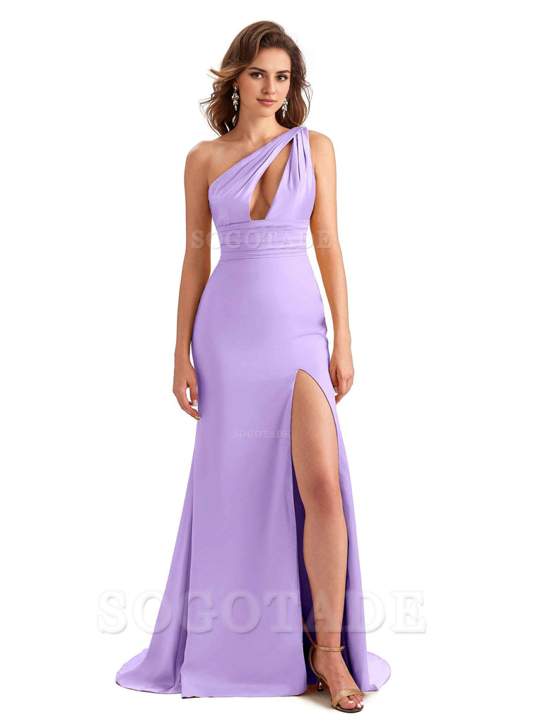 Charming Sexy Unique Side Slit Mermaid Silky One Shoulder Long Bridesmaid Dresses Formal Women's Dresses Wedding Guests Dresses