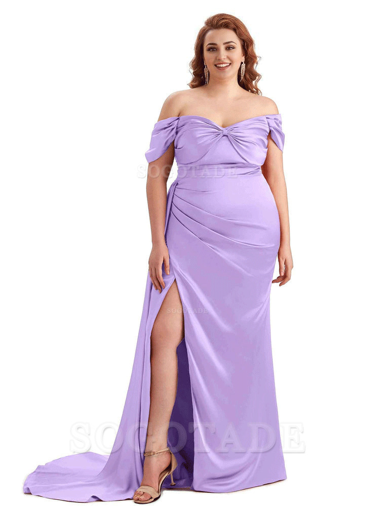  Sexy Side Slit Off The Shoulder Mermaid Soft Satin Long Plus Size Bridesmaid Dress For Wedding