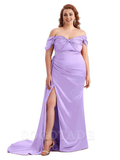  Sexy Side Slit Off The Shoulder Mermaid Soft Satin Long Plus Size Bridesmaid Dress For Wedding