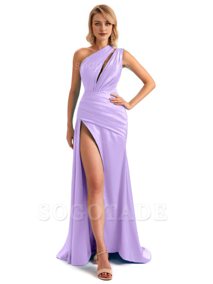 Elegant One Shoulder Side Hight Slit Mermaid Soft Satin Long Floor Length Bridesmaid Dress For Wedding
