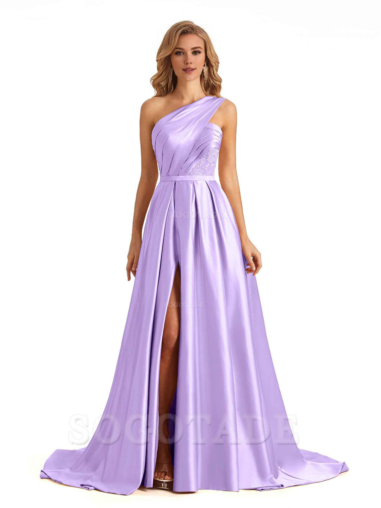 Sexy Side Slit One Shoulder A-Line Soft Satin Long Bridesmaid Dresses Online prom dress in store