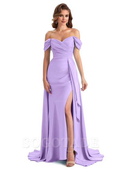 Sexy Side Slit Mermaid Soft Satin Off The Shoulder Long Unique Bridesmaid Dresses prom dress in store