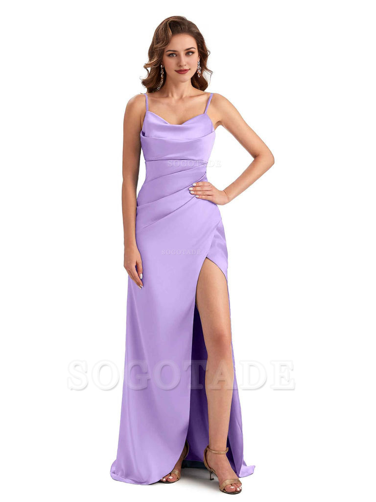 Soft Satin Side Slit Spaghetti Straps Sexy Wedding Bridesmaid Dresses