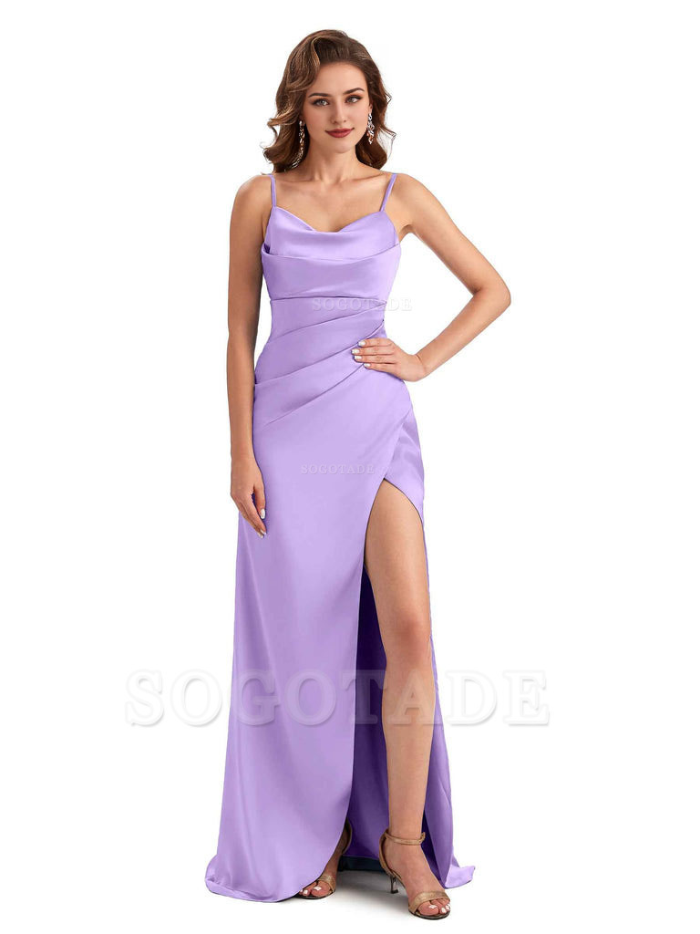 Soft Satin Side Slit Spaghetti Straps Sexy Wedding Bridesmaid Dresses