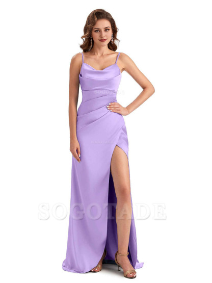 Soft Satin Side Slit Spaghetti Straps Sexy Wedding Bridesmaid Dresses