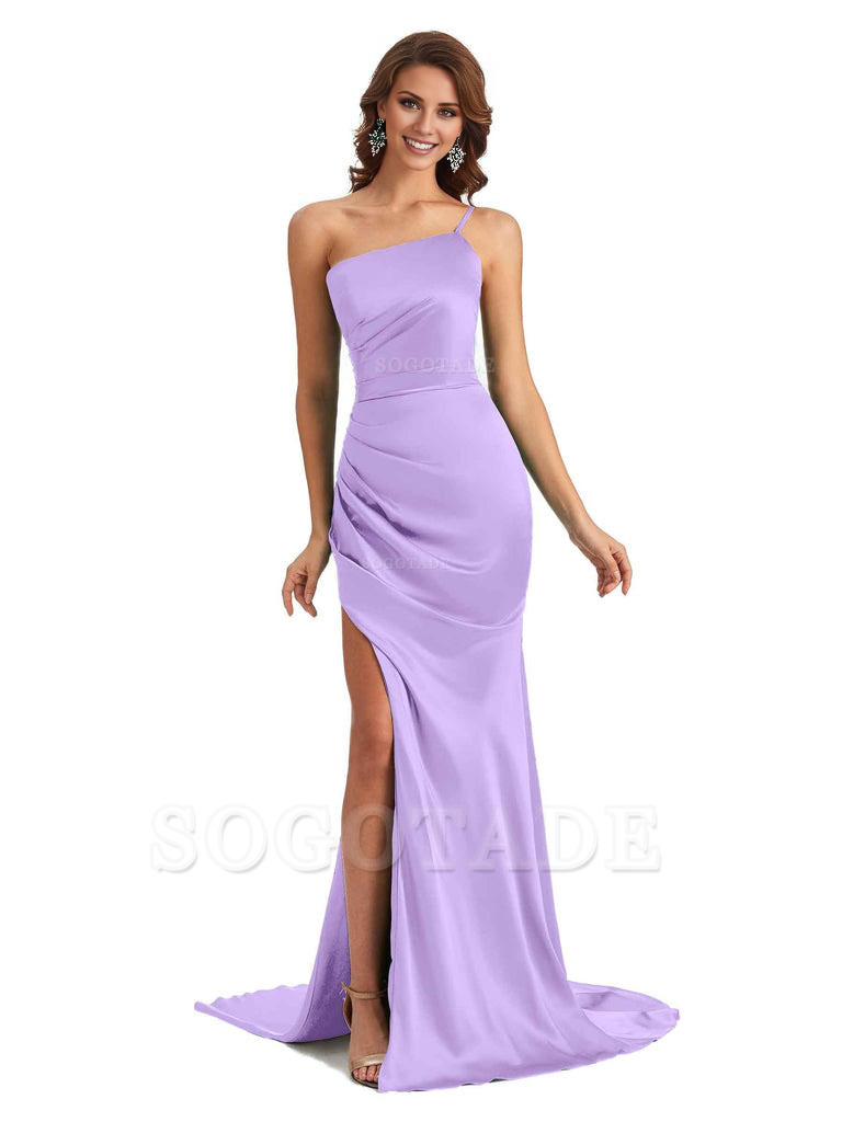 Sexy Silky Satin Side Slit One Shoulder Unique Long Wedding Guest Maxi Dresses