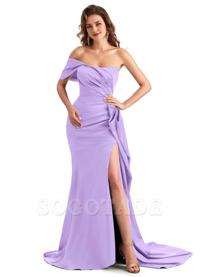 Sexy Side Slit Mermaid Silky Satin One Shoulder Chic Long Maid Of Honor Dresses