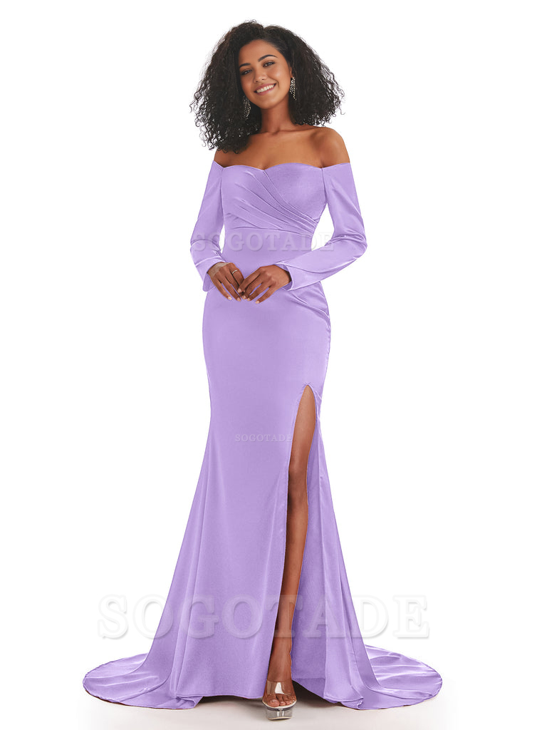 Mermaid Long Sleeve Satin formal dresses evening gown Bridesmaid Dresses With Side Slit 