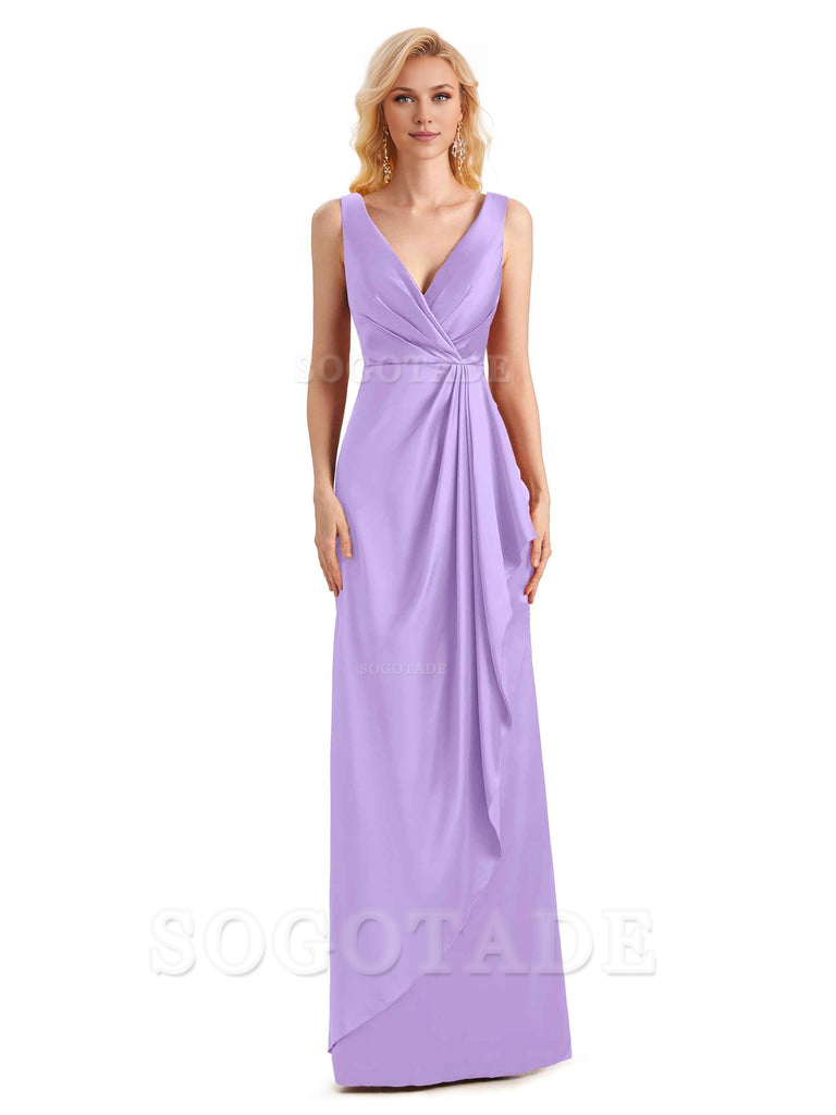 V Neck Elegant Soft Satin Formal Long Maid Bridesmaid Dresses Formal Wear Dresses