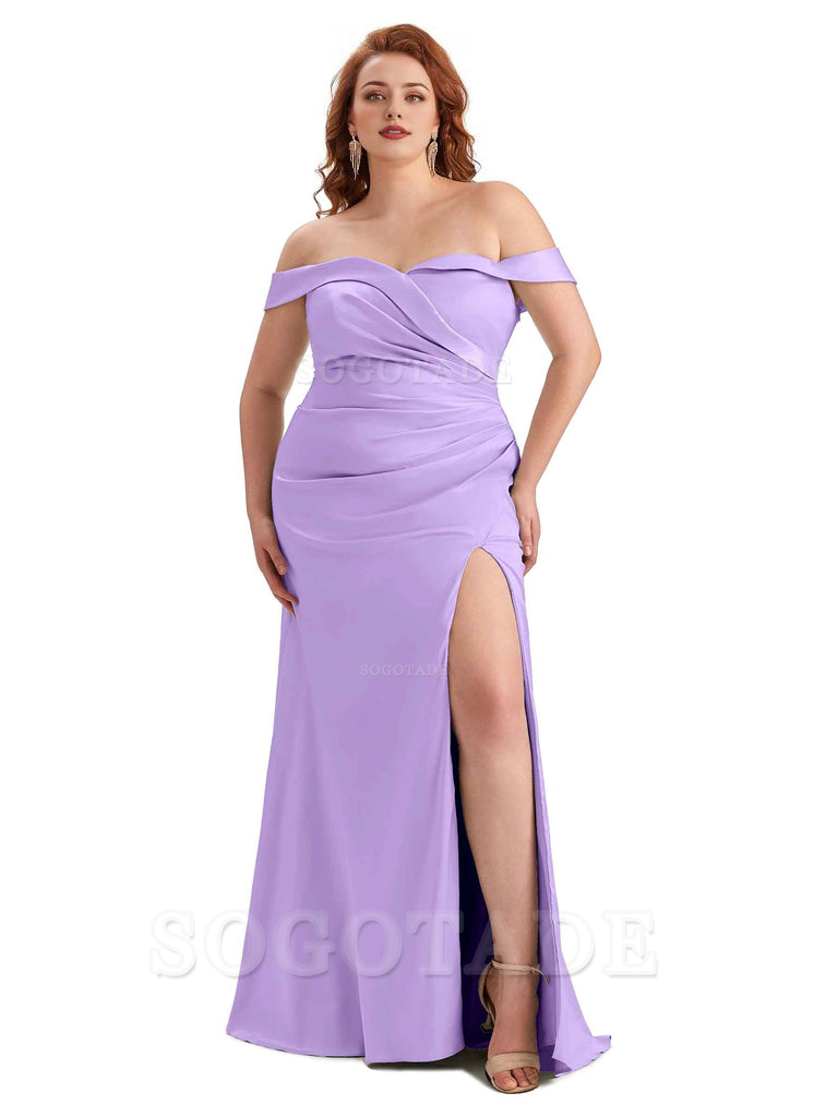 Sexy Side Slit Off Shoulder Mermaid Soft Satin Long Plus Size Bridesmaid Gowns For Wedding
