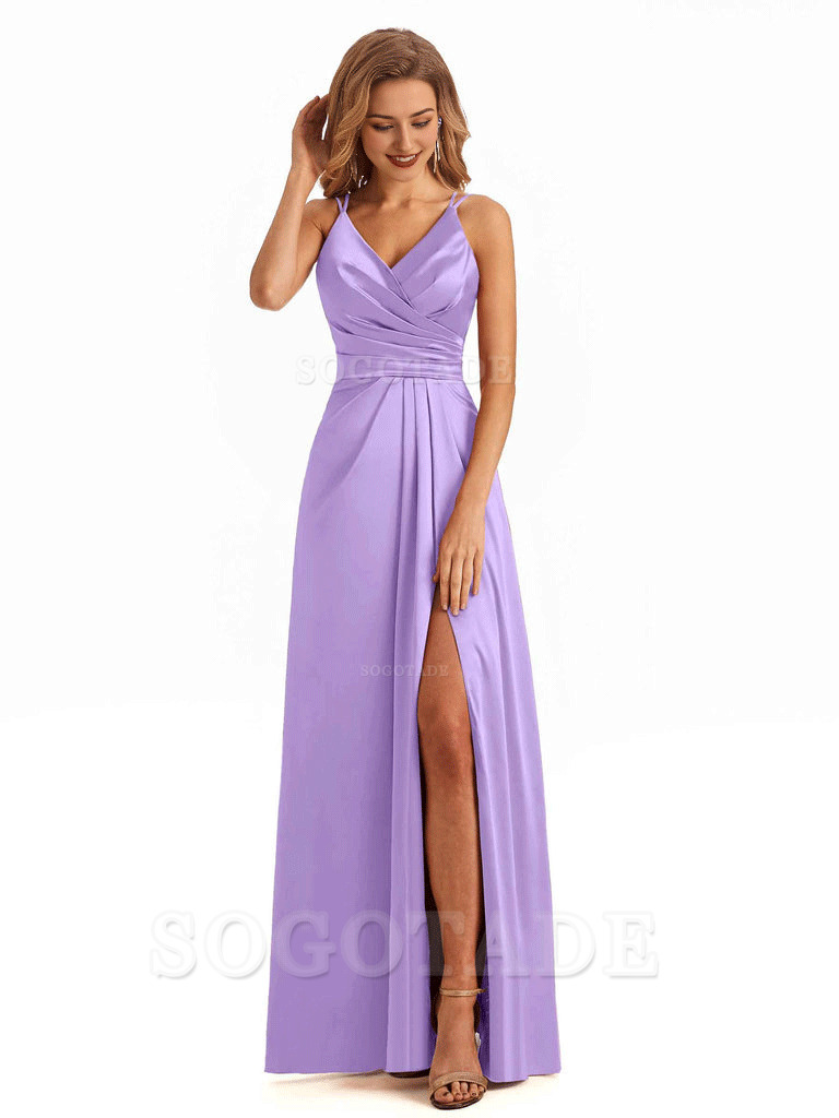 Soft Satin A-Line Spaghetti Straps V Neck Side Slit Maxi Long Bridesmaid Dresses