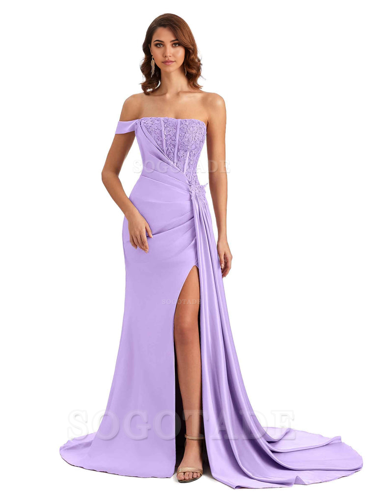 Mermaid Off Shoulder Applique formal dresses evening gown Bridesmaid Dresses With Side Slit 