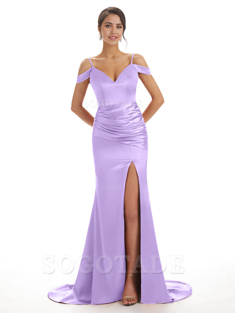 Mermaid Off The Shoulder Satin formal dresses evening gown Bridesmaid Dresses With Side Slit 