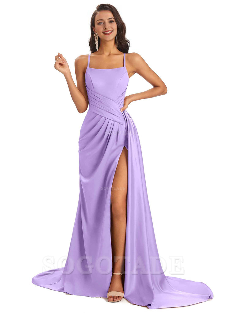 Sexy Soft Satin Side Slit Spaghetti Straps Long Maxi Bridesmaid Dresses prom shop dresses