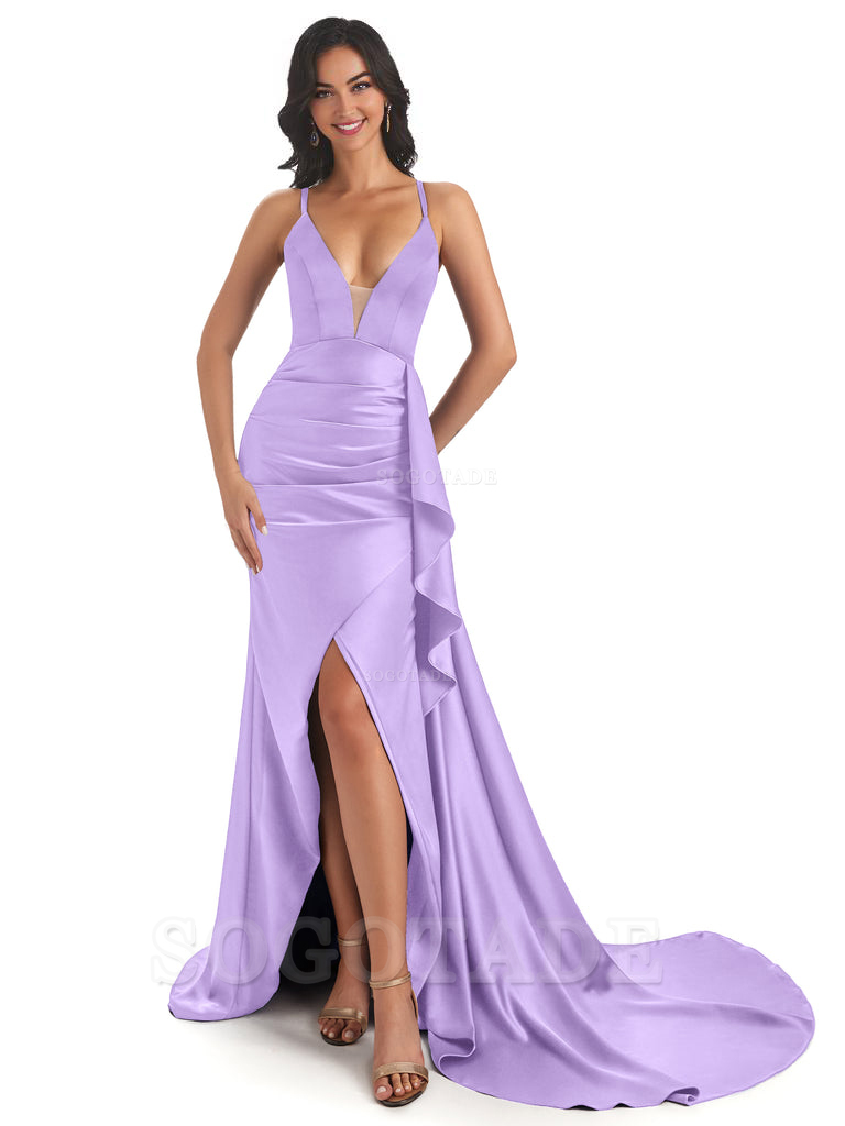 Sexy Spaghetti Straps Soft Satin Side Slit Pleats Unique Mermaid Bridesmaid Dresses prom shop dresses ﻿