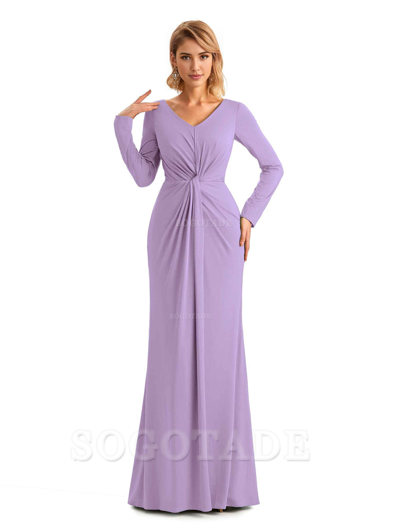 Elegant Simple Mermaid Pleats V-neck Long-Sleeves Floor Length Long Formal Bridesmaid Dresses