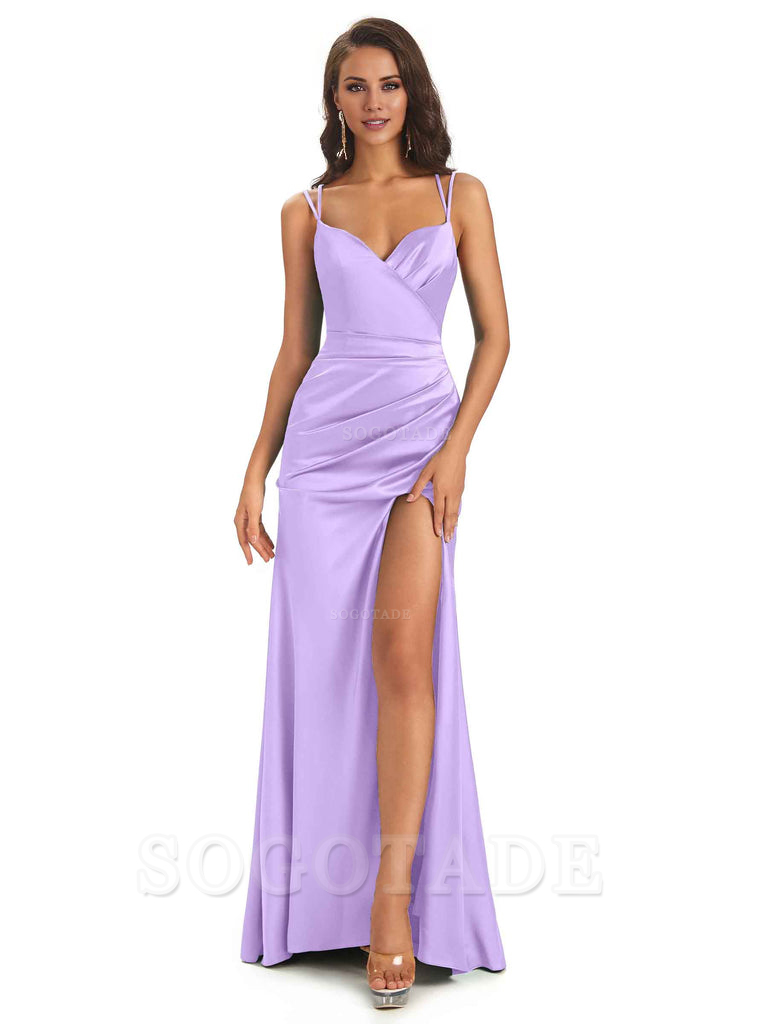 Sexy Soft Satin Side Slit Spaghetti Straps Long Maxi Mermaid Bridesmaid Dresses Elegant Evening Party Dress