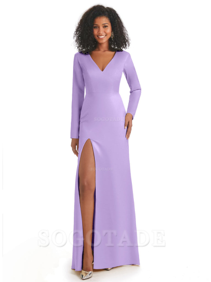 Soft Satin Side Slit Long Sleeves V-Neck Long African Mermaid Bridesmaid Dresses Elegant Evening Party Dress