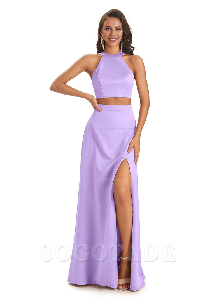 Soft Satin Two-Pieces Halter Side Slit Sexy Fashion Bridesmaid Dresses Charming Evening Party Dress