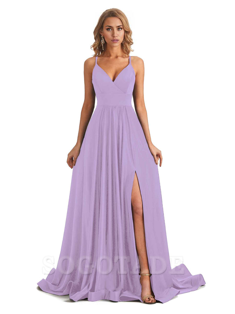 Elegant Spaghetti Straps A-Line Long Formal Bridesmaid Dresses With Side Slit Stretchy Jersey Elegant Evening Party Dress