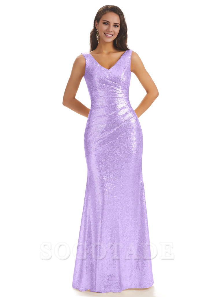 Sexy Sequin V-Neck Sparkly Long Mermaid Bridesmaid Dresses Charming Evening Party Dress