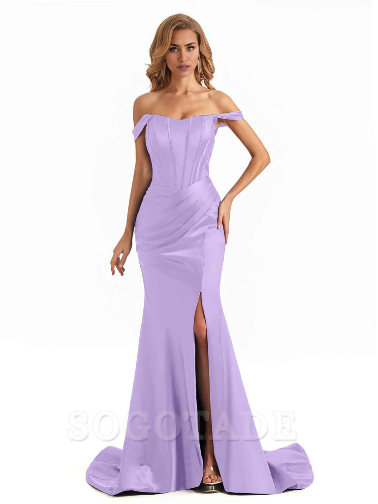 Sexy Long Mermaid Bridesmaid Dresses Off The Shoulder with Side Slit Satin Elegant Evening Party Dress 