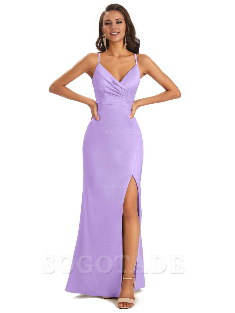 Soft Satin Side Slit Spaghetti Straps Long Unique Mermaid Bridesmaid Dresses Elegant Evening Party Dress