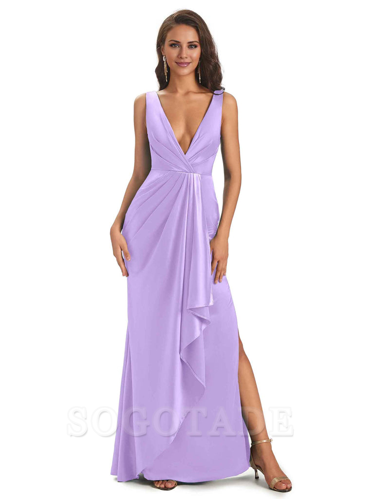 Sexy Satin V-Neck Floor-Length Long Bridesmaid Dresses with Side Slit Elegant Evening Party Dress