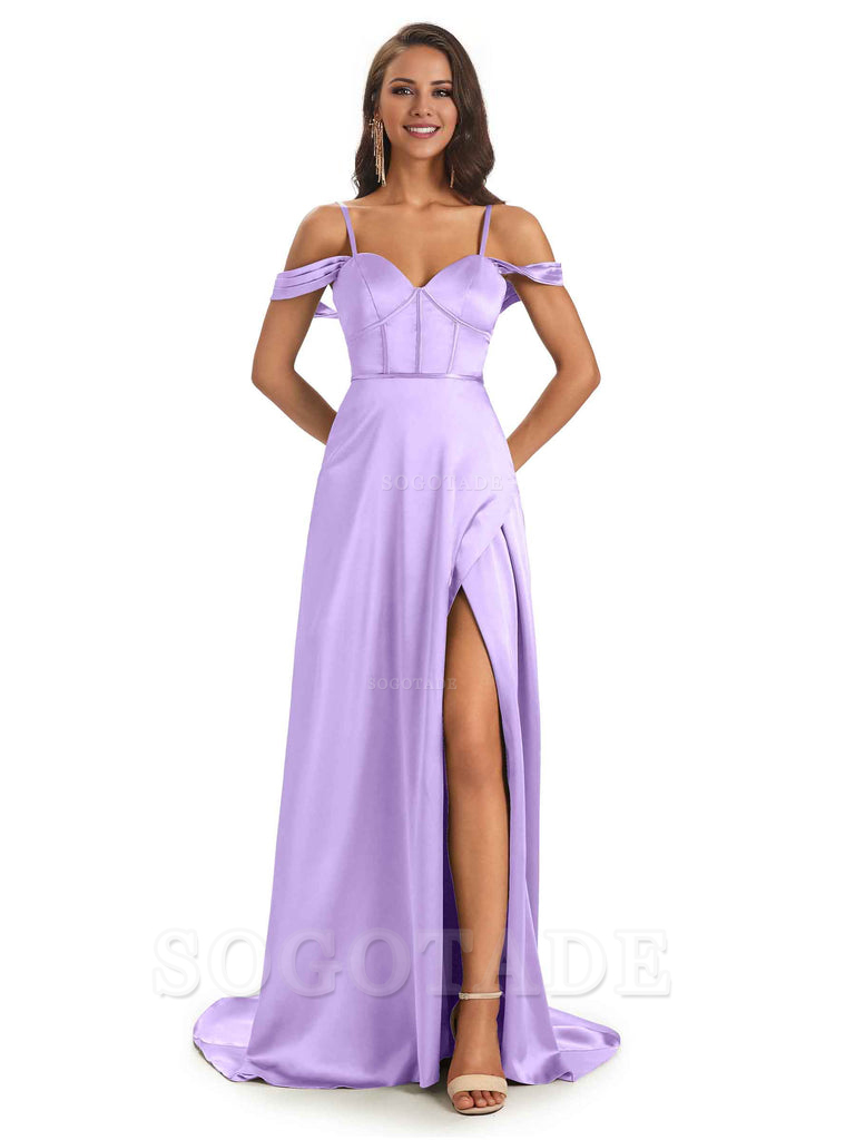 Stylish Soft Satin Side Slit Spaghetti Straps Bridesmaid Dresses Elegant Evening Party Dress
