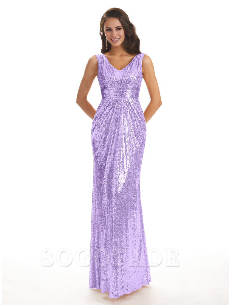Sparkly V-Neck Sequin Long Mermaid Bridesmaid Dresses Sleeveless Charming Evening Party Dress