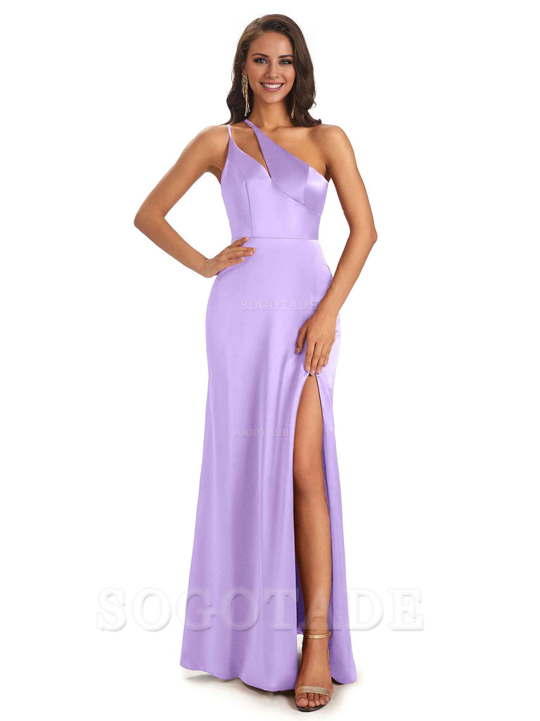 Sexy Soft Satin Side Slit One Shoulder Floor-Length Mermaid Long Bridesmaid Dresses Elegant Evening Party Dress