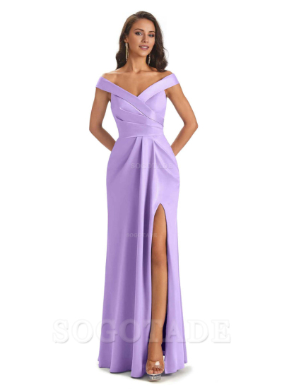 Sexy Soft Side Slit Off Shoulder V-Neck Long Satin Ladies Bridesmaid Dresses Elegant Evening Party Dress