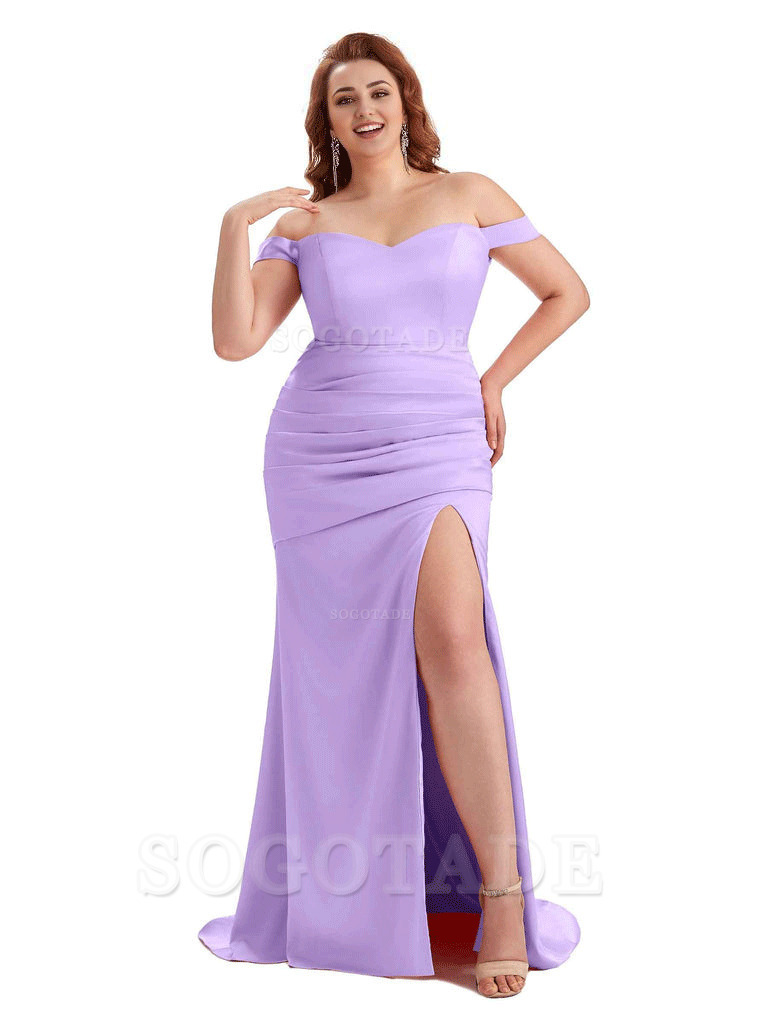 Sexy Mermaid Off The Shoulder Side Slit Soft Satin Long Plus Size Wedding Party Dresses