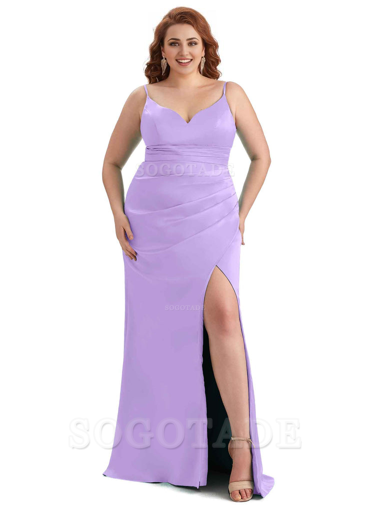 Sexy Side Slit Spaghetti Straps Mermaid Soft Satin Long Plus Size Maid of Honor Dresses