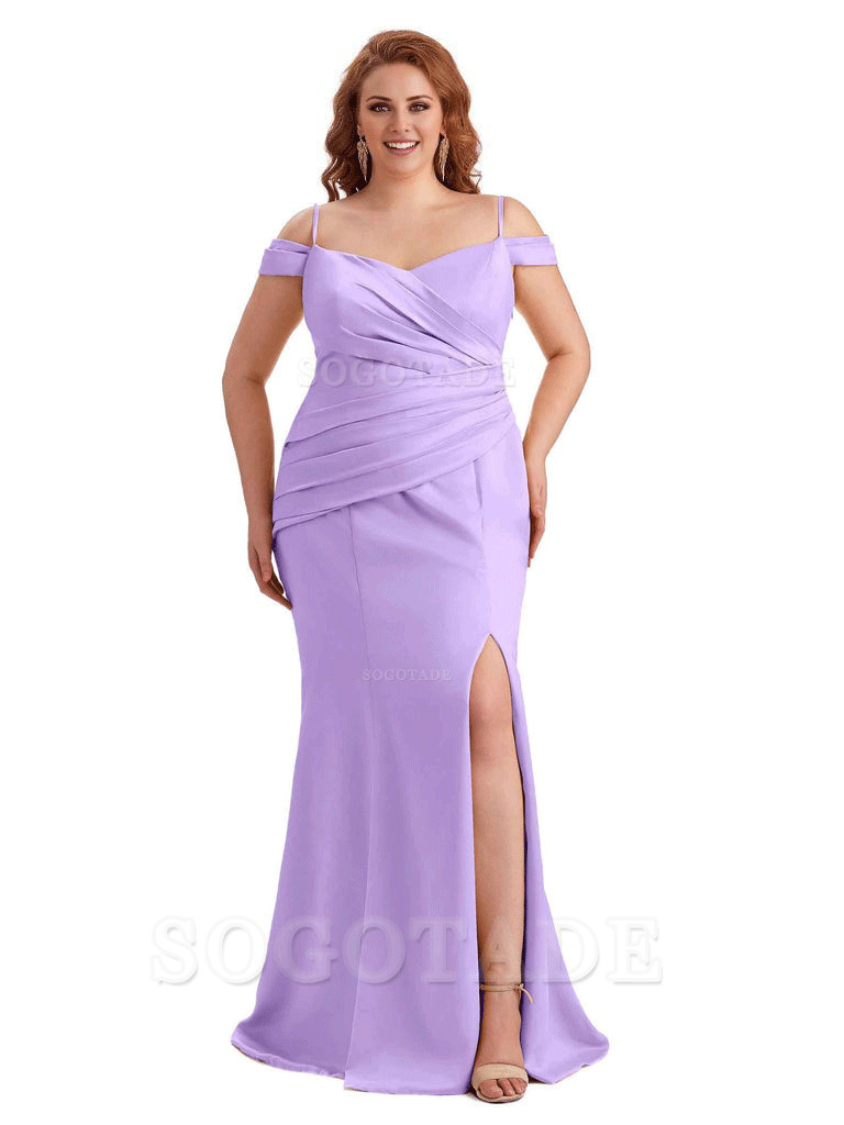 Elegant Cold Shoulder Side Slit Mermaid Soft Satin Long Plus Size Bridesmaid Gowns