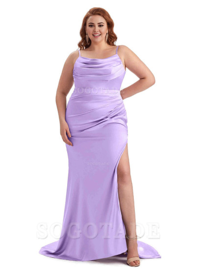 Sexy Jewel Side Slit Mermaid Soft Satin Long Plus Size Bridesmaid Dress For Wedding