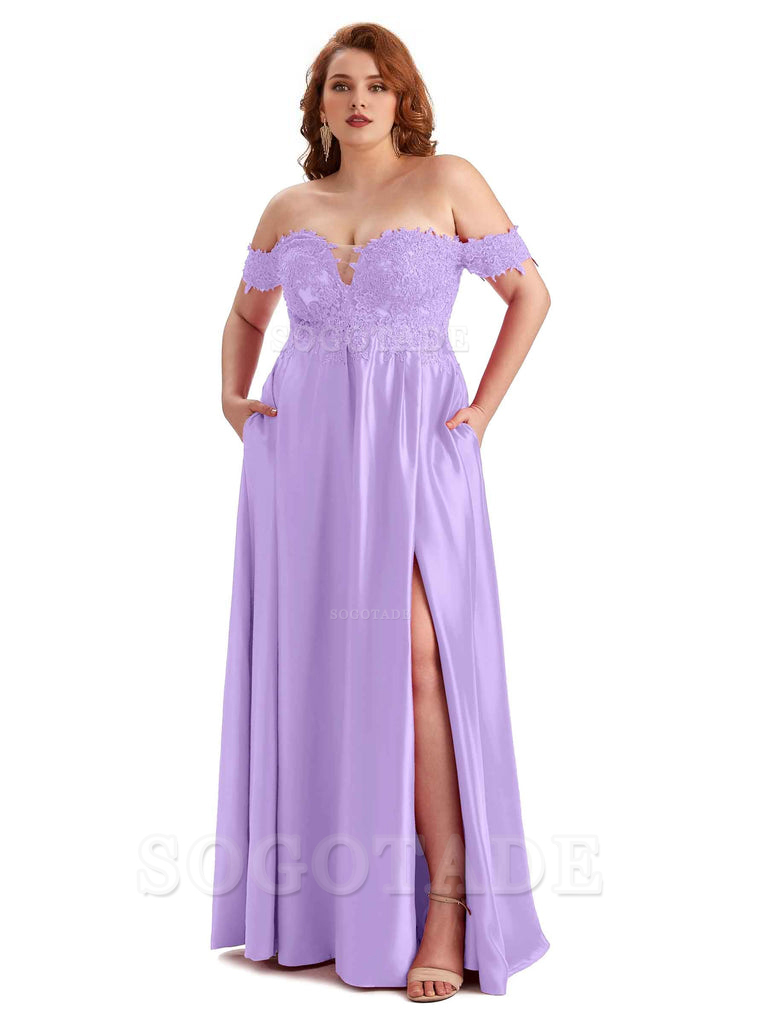 Off Shoulder Side Slit Lace Soft Satin Long Plus Size Bridesmaid Dresses For Wedding