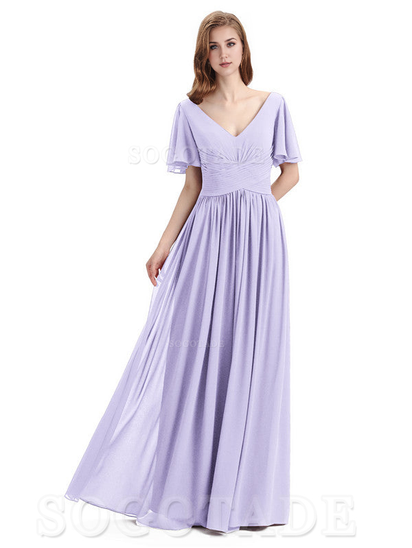 A-Line Chiffon Short Sleeves Elegant Floor-Length Bridesmaid Dresses Formal Women's Dresses Wedding Guests Dresses