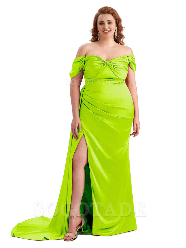  Sexy Side Slit Off The Shoulder Mermaid Soft Satin Long Plus Size Bridesmaid Dress For Wedding