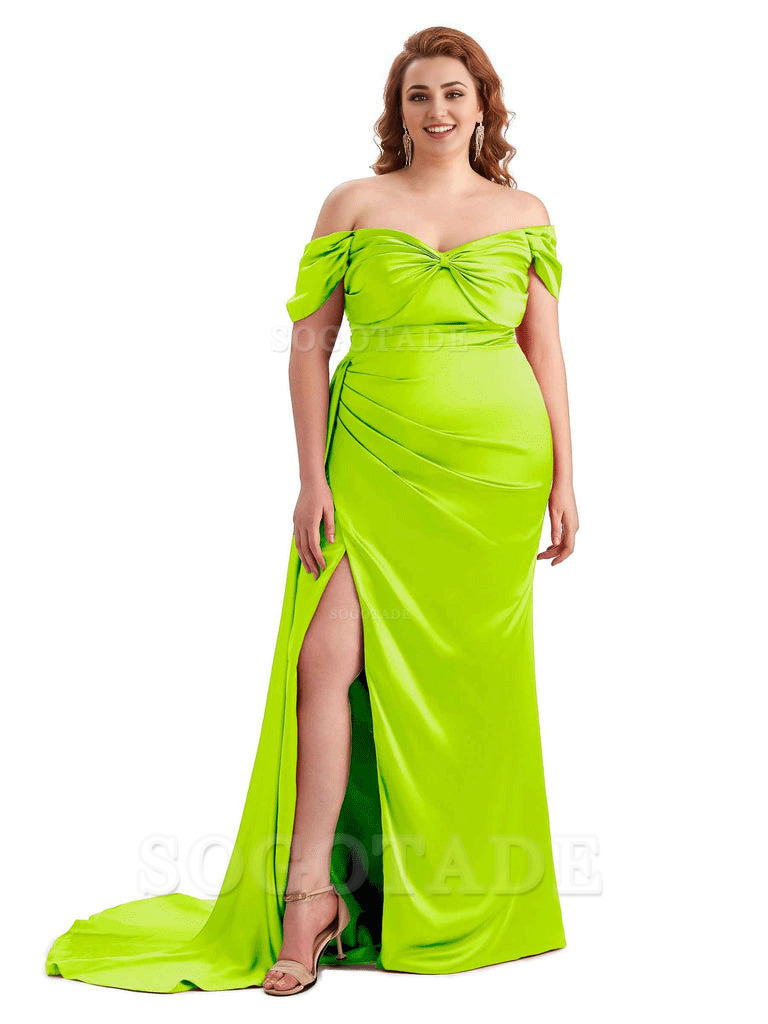  Sexy Side Slit Off The Shoulder Mermaid Soft Satin Long Plus Size Bridesmaid Dress For Wedding