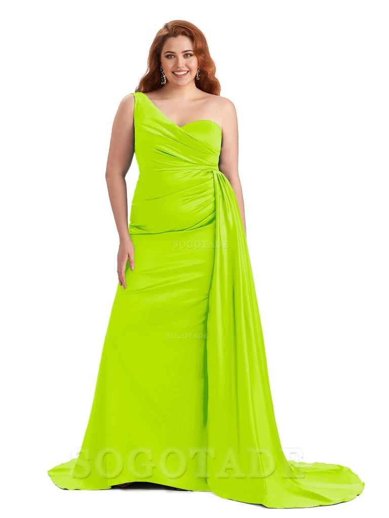 Sexy One Shoulder Sleeveless Mermaid Soft Satin Long Plus Size With Train Bridesmaid Gowns