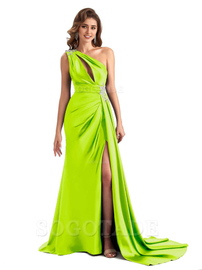 Sexy Side Slit Mermaid Soft Satin One Shoulder Lace Long Modern Bridesmaid Dresses