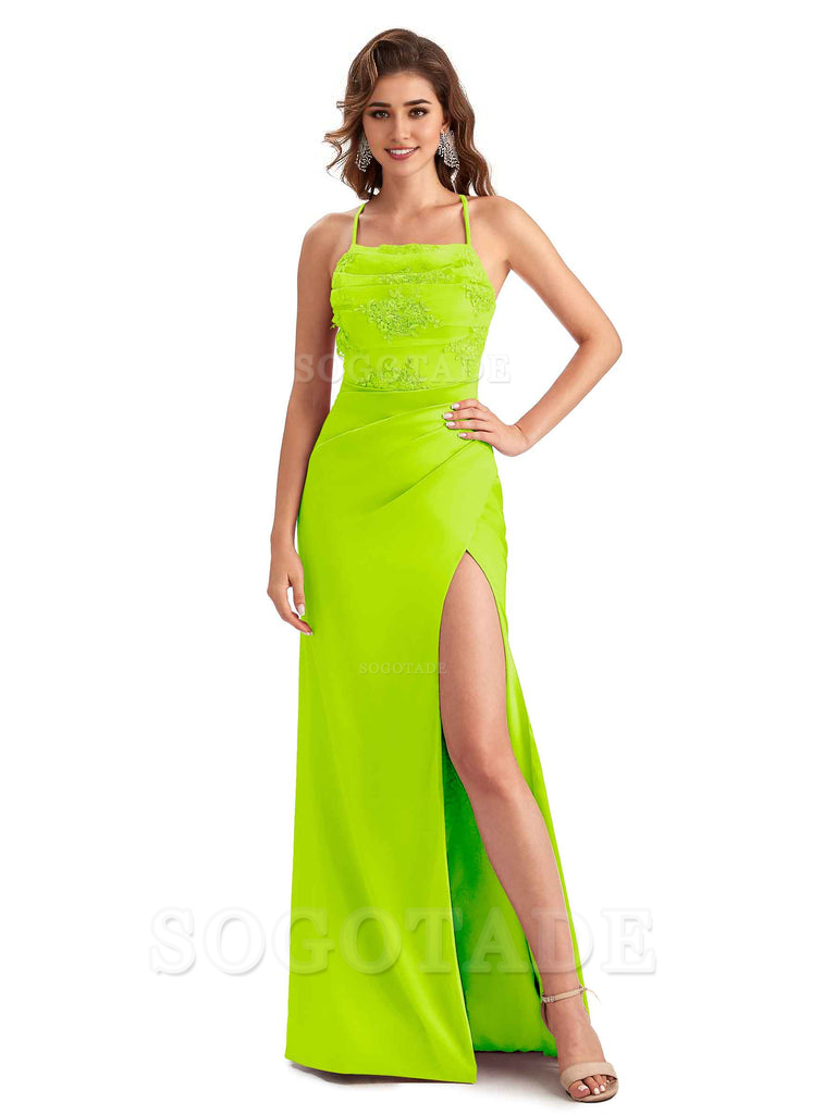 Sexy Side Slit Mermaid Lace Silky Satin Long Wedding Day Guest Dresses