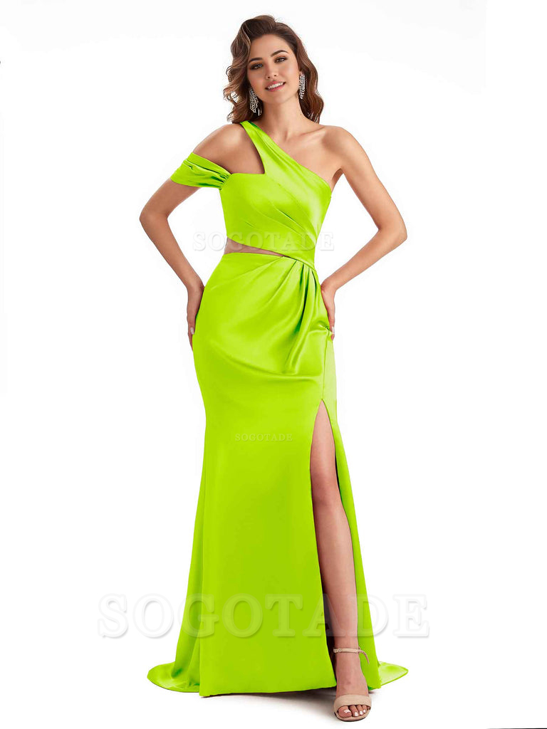 Sexy Side Slit Mermaid Soft Satin One Shoulder Long Unique Bridesmaid Dresses