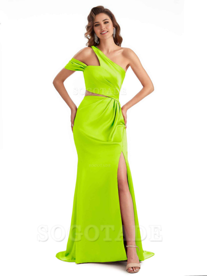 Sexy Side Slit Mermaid Soft Satin One Shoulder Long Unique Bridesmaid Dresses