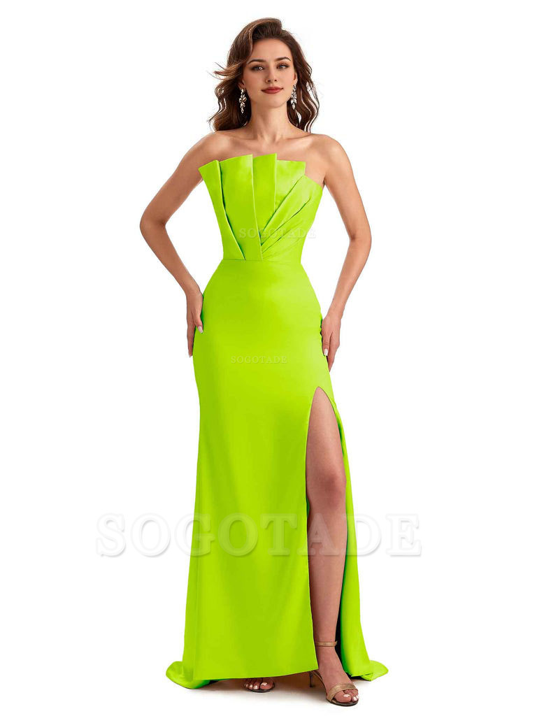 Unique Soft Satin Side Slit Asymmetrical Neckline Mermaid Long Bridesmaid Dresses