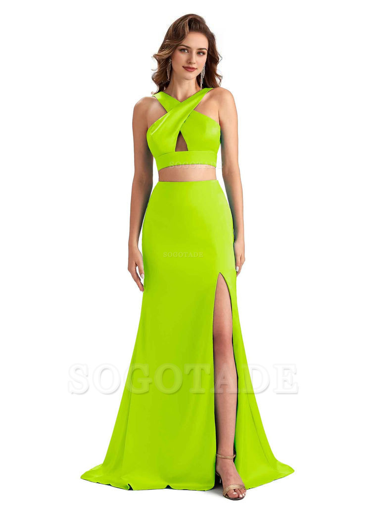 Sexy Side Slit Mermaid Silky Satin Halter Two Pieces Unique Long Bridesmaid Dresses