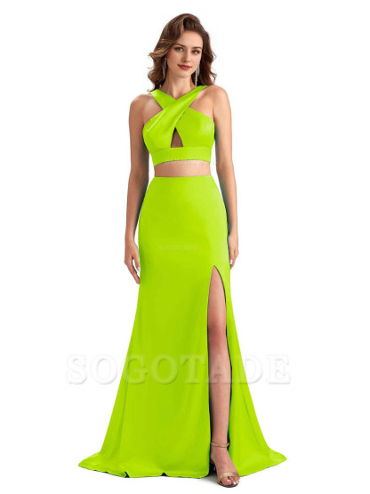 Sexy Side Slit Mermaid Silky Satin Halter Two Pieces Unique Long Bridesmaid Dresses