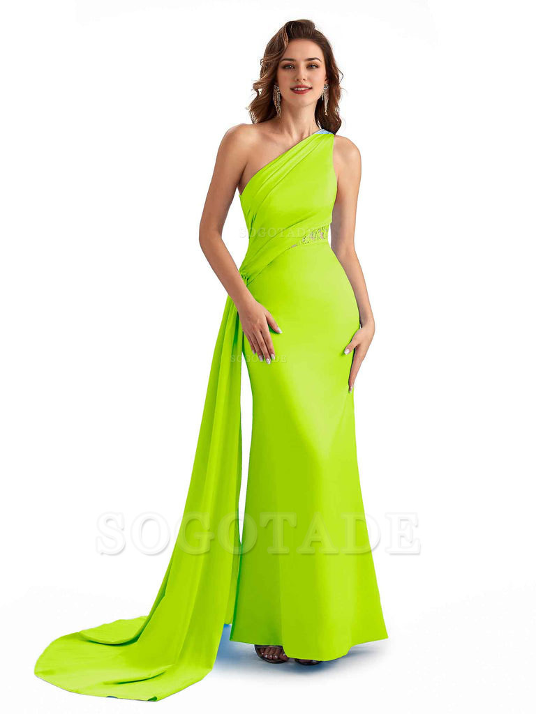 Sexy Mermaid Silky Satin One Shoulder Lace See Through Long Bridesmaid Dresses Online
