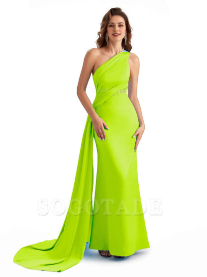 Sexy Mermaid Silky Satin One Shoulder Lace See Through Long Bridesmaid Dresses Online